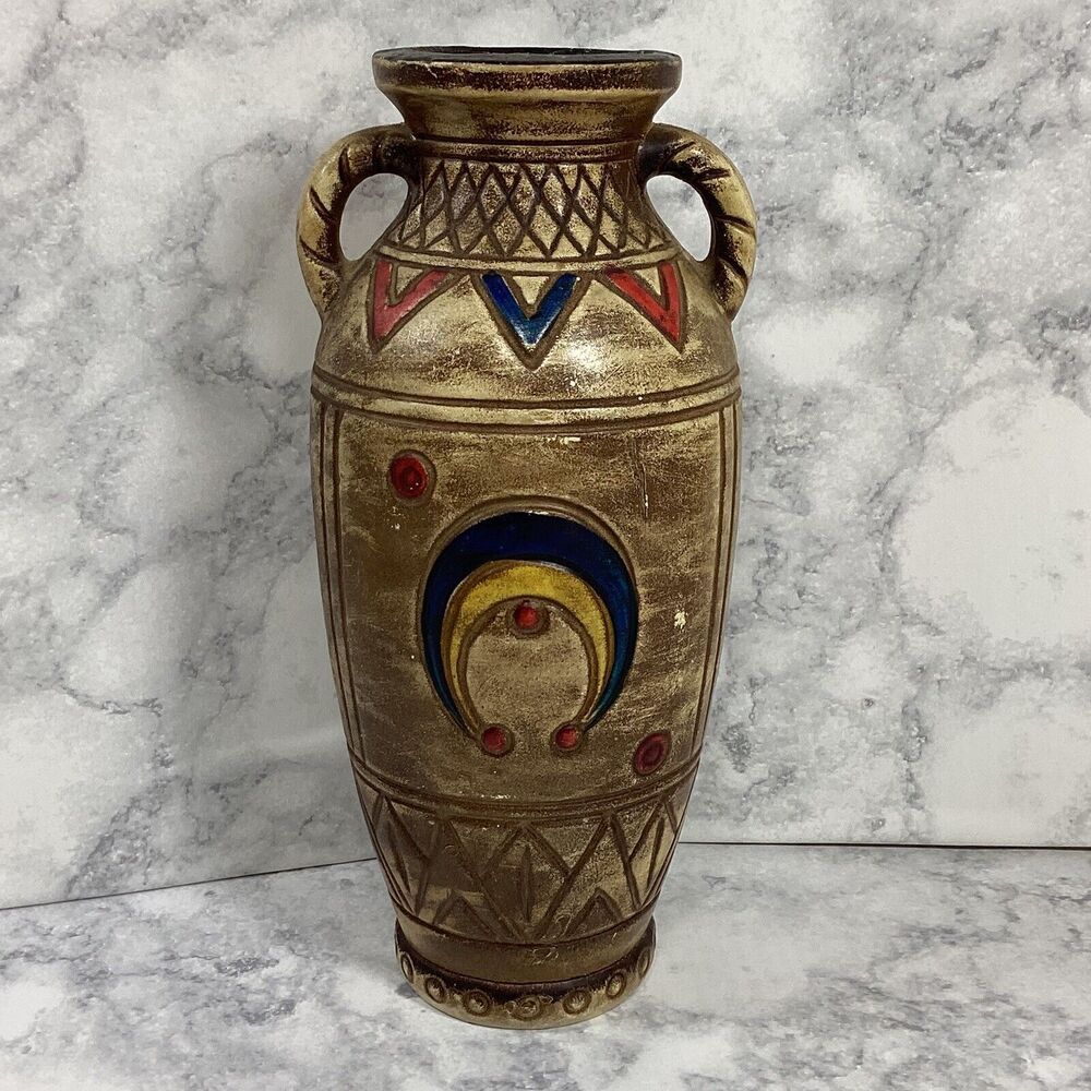 Vintage Pottery Vase Hand Painted Multi-Color 9"
